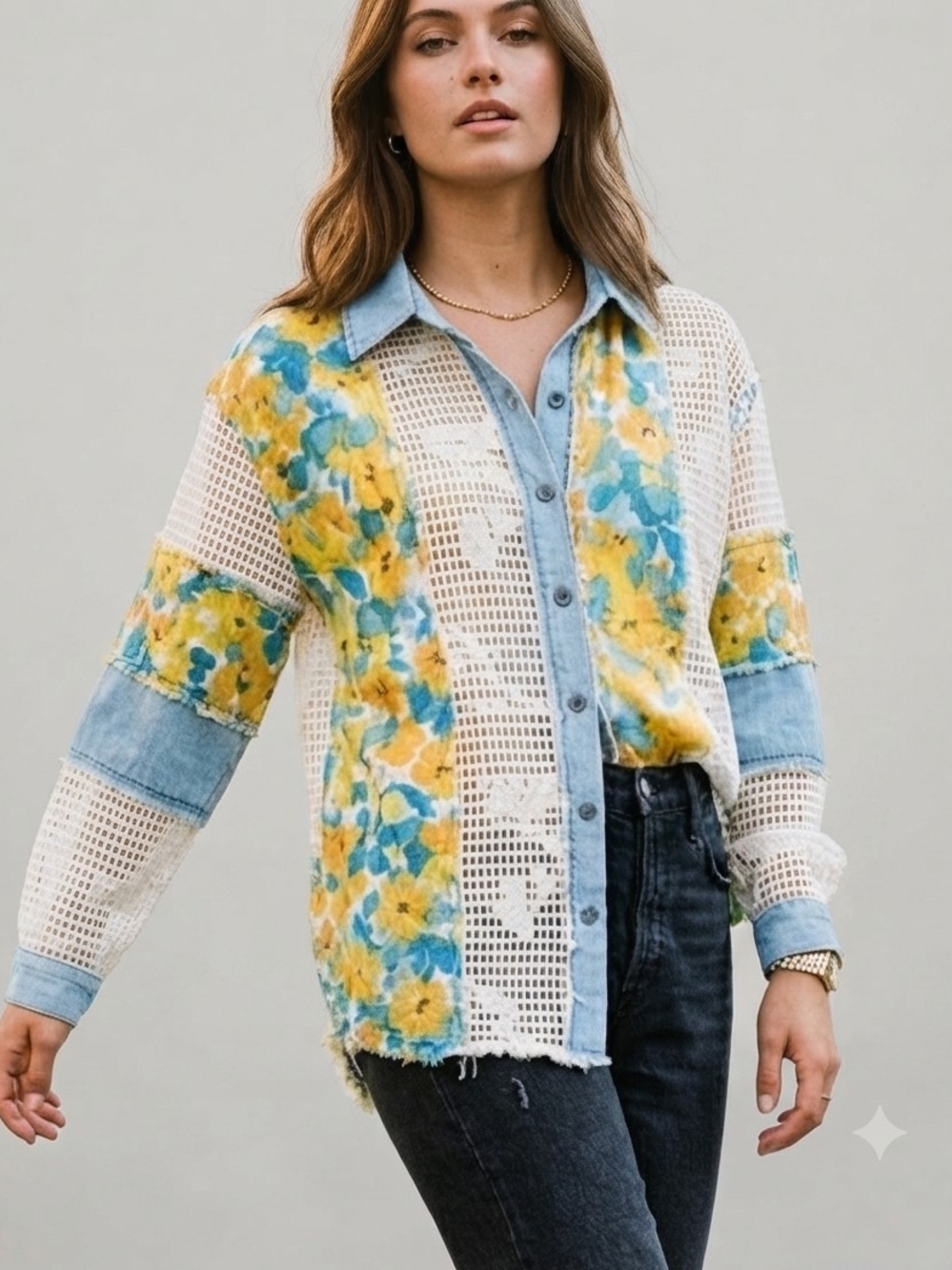 087 - NEW POL Floral & Denim Patchwork button-down Shirt or Jacket (M)